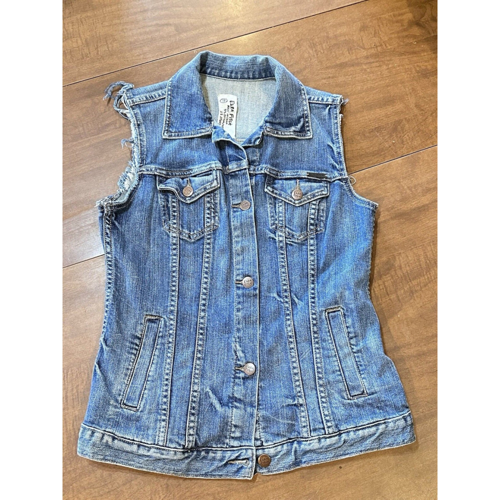 Ezra Fitch Medium Blue Distressed Denim Vest Jacket Grunge